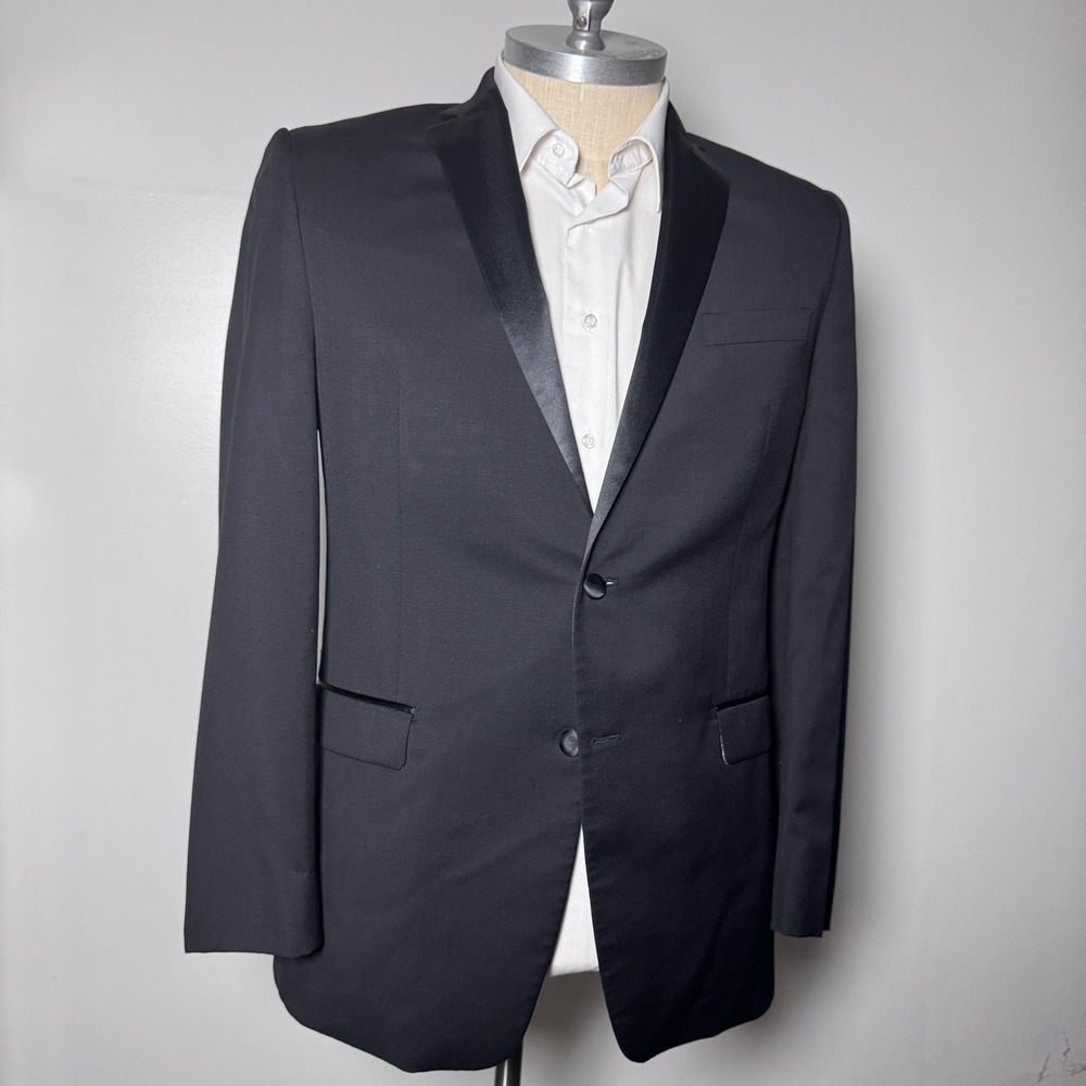 Calvin Klein Tuxedo Blazer Mens 42L Black Solid Satin Notch Lapel Wool Modern